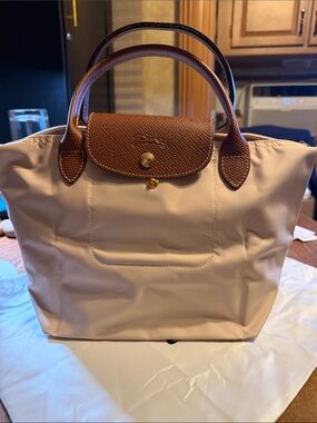 Longchamp Le Pliage Small Tote in Beige with Brown Trim